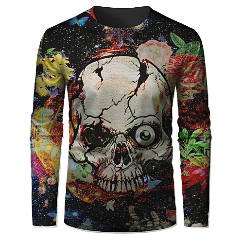 

Men's T shirt 3D Print Graphic Skull Long Sleeve Daily Tops Basic Black