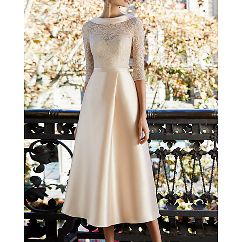

A-Line Mother of the Bride Dress Elegant Jewel Neck Knee Length Lace Satin Half Sleeve with Appliques 2021