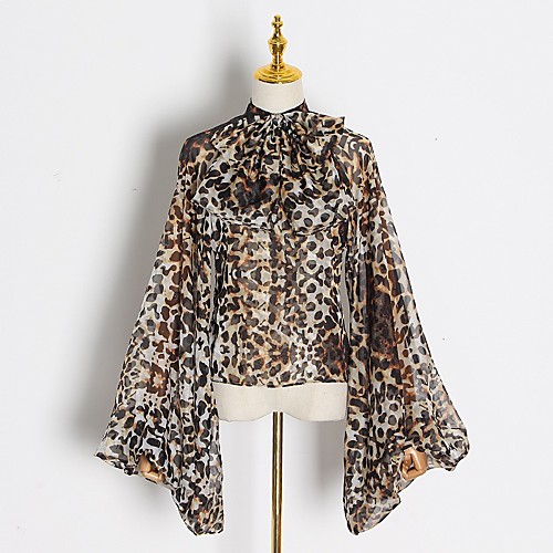 

Women's Blouse Shirt Solid Colored Leopard Cheetah Print Long Sleeve Standing Collar Tops White Black Yellow