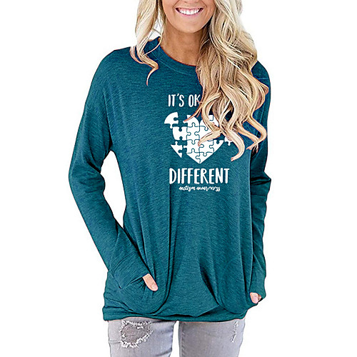 

Women's T shirt Graphic Heart Text Long Sleeve Print Round Neck Basic Tops Black Blushing Pink Green