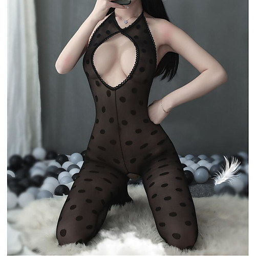 

Women's Plus Size Bodysuits Mesh Polka Dot Halter Neck Summer Black Big Size One-Size
