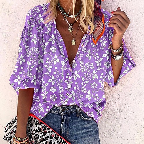 

Women's Blouse Shirt Floral Flower Button Print Standing Collar Basic Tops Blue Purple Blushing Pink