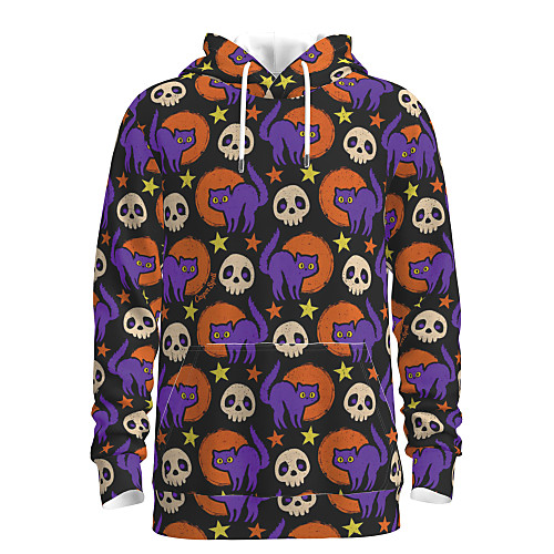 

Men's Pullover Hoodie Sweatshirt Cat Graphic Skull Hooded Halloween Weekend 3D Print Casual Hoodies Sweatshirts Long Sleeve Black