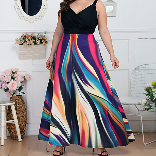 

Women's Swing Dress Knee Length Dress Rainbow Sleeveless Striped Color Gradient Patchwork Print Fall Summer V Neck Casual Loose 2021 L XL XXL 3XL 4XL / Plus Size