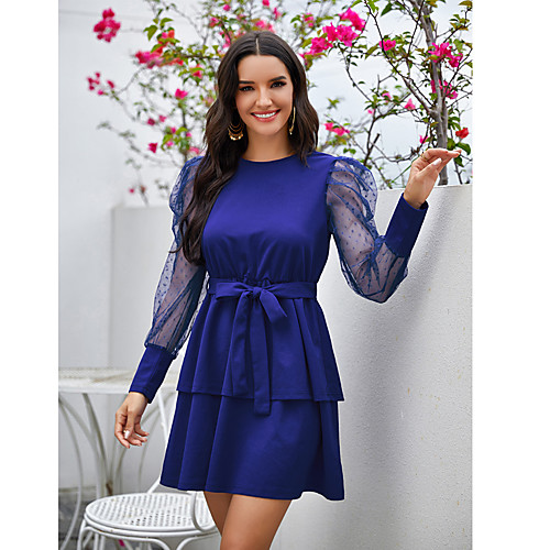 

Women's Sheath Dress Short Mini Dress Royal Blue Long Sleeve Solid Color Patchwork Bow Summer Round Neck Casual 2021 S M L XL