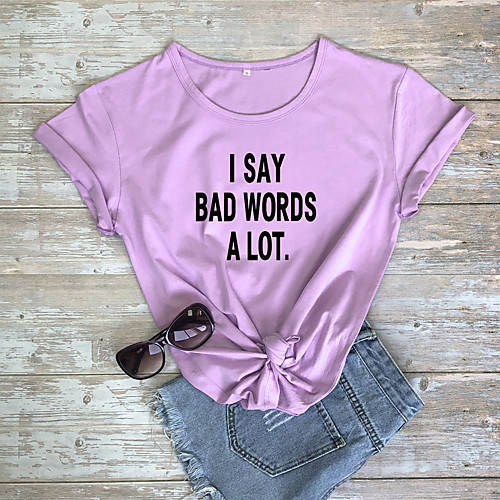 

Women's T shirt Graphic Text Letter Print Round Neck Basic Tops 100% Cotton White Black Purple