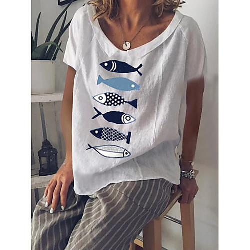 

Women's Blouse Shirt Animal Print Round Neck Basic Tops Cotton White Blue