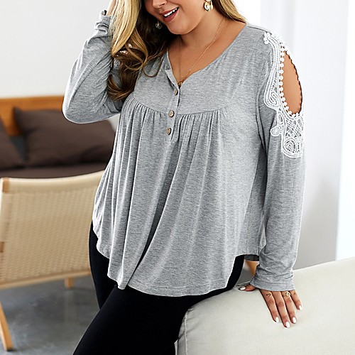 

Women's Plus Size Blouse Shirt Solid Colored Long Sleeve Cut Out Round Neck Basic Tops Black Army Green Gray