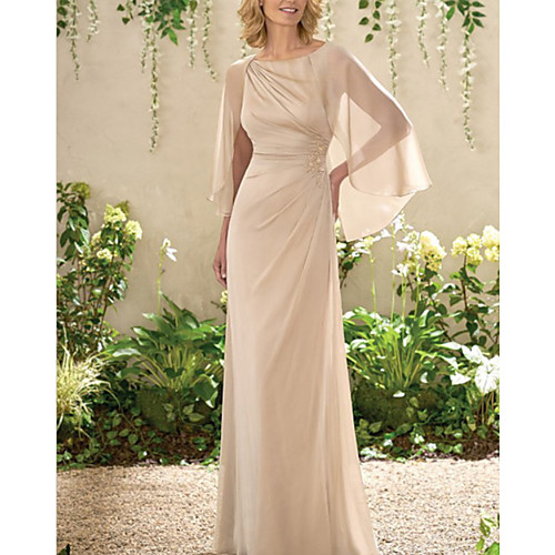 

Sheath / Column Mother of the Bride Dress Elegant Jewel Neck Floor Length Chiffon Short Sleeve with Sash / Ribbon Ruching 2021