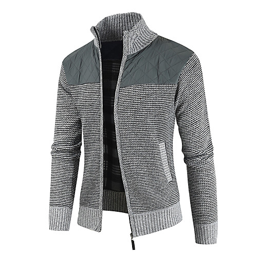 

Men's Color Block Sweater Long Sleeve Sweater Cardigans Stand Collar Fall Winter Wine Light gray Dark Gray
