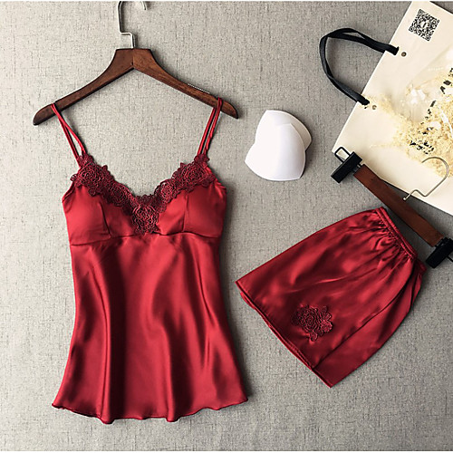 

Women's Suits Pajamas Sets Lace Patchwork Jacquard Nylon Spandex Casual Strap Top Shorts Deep V Daily Wear Home Buckle / Super Sexy