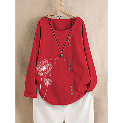 

Women's Blouse Shirt Floral Flower Long Sleeve Button Round Neck Basic Tops White Red Green