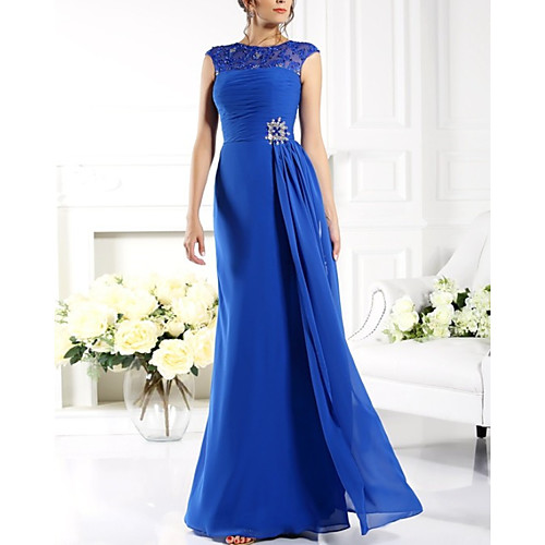 

A-Line Mother of the Bride Dress Elegant Jewel Neck Floor Length Chiffon Lace Sleeveless with Sash / Ribbon Split Front Ruching 2021
