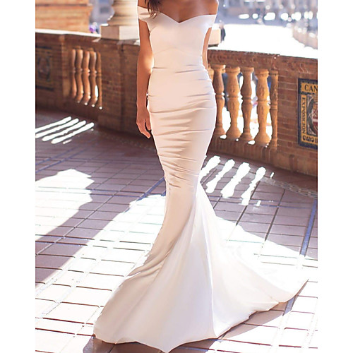 

Mermaid / Trumpet Beautiful Back Sexy Engagement Formal Evening Dress Off Shoulder Sleeveless Court Train Satin with Sleek 2021