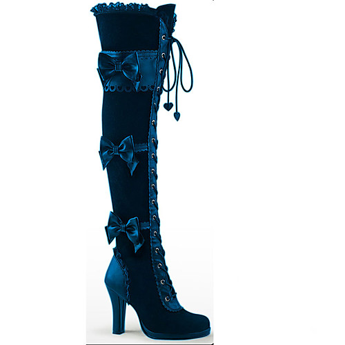 

Women's Cosplay Boots Boots Lolita Wedge Heel Round Toe Over The Knee Boots Thigh High Boots Sweet Halloween Daily PU Bowknot Solid Colored Blue Black / Knee High Boots