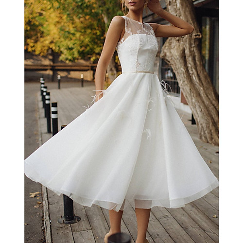 

A-Line Wedding Dresses Jewel Neck Knee Length Lace Tulle Sleeveless Vintage 1950s with 2021
