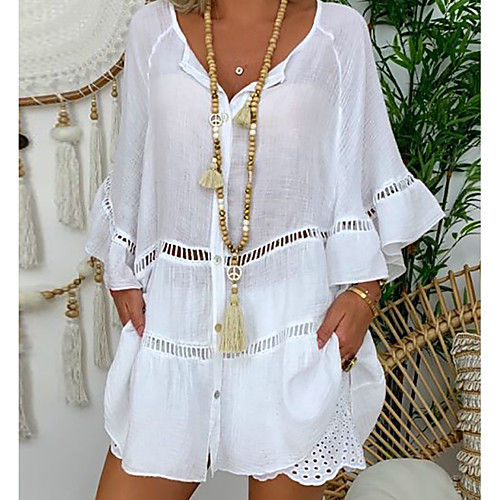 

Women's Blouse Shirt Solid Colored Cut Out Round Neck Basic Tops White Red Yellow