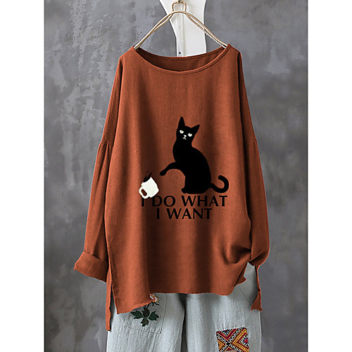 

Women's Blouse Shirt Cat Letter Animal Long Sleeve Print Round Neck Basic Tops Yellow Wine Green