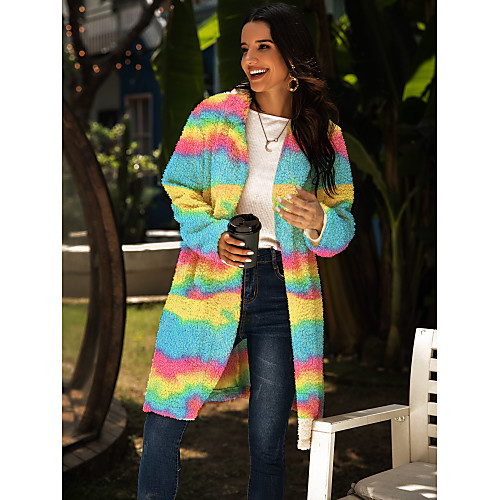 

Women's Coat Daily Fall & Winter Long Coat V Neck Regular Fit Streetwear Jacket Long Sleeve Striped Blue