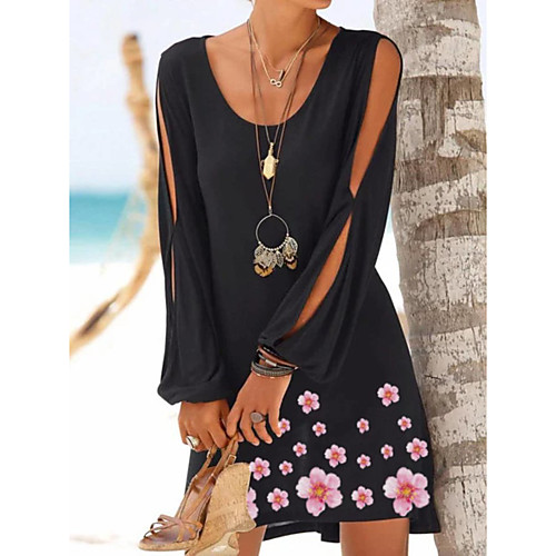 

Women's A Line Dress Knee Length Dress Black Long Sleeve Floral Print Fall Round Neck Hot Casual Loose 2021 S M L XL XXL 3XL / Cotton / Cotton