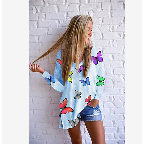 

Women's Plus Size Blouse Shirt Butterfly Long Sleeve Print V Neck Basic Tops Yellow Light Blue