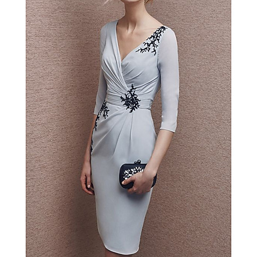 

Sheath / Column Mother of the Bride Dress Elegant V Neck Knee Length Chiffon Half Sleeve with Draping Appliques 2021
