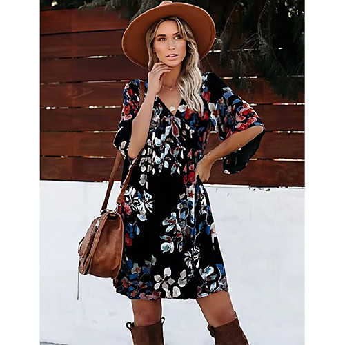 

Women's A Line Dress Short Mini Dress Black 3/4 Length Sleeve Floral Print Summer V Neck Casual Slim 2021 S M L XL
