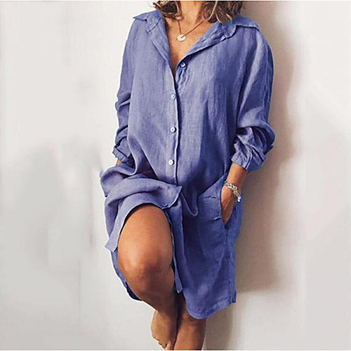 

Women's Shirt Dress Knee Length Dress Blue Yellow Army Green Gray Red Long Sleeve Solid Color Pocket Button Spring Summer Shirt Collar Work Casual Holiday Loose 2021 S M L XL XXL 3XL