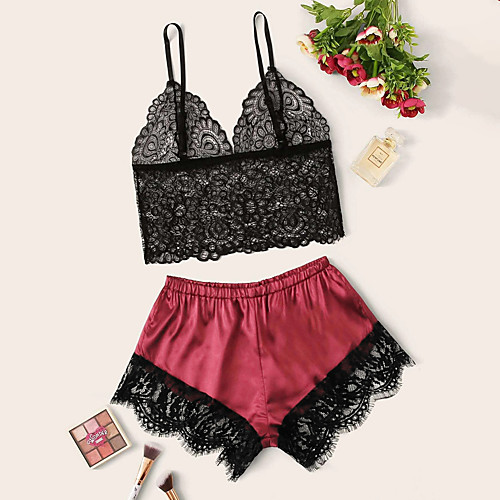 

Women's Suits Pajamas Sets Mesh Lace Patchwork Embroidered Spandex Casual Strap Top Shorts Deep V Daily Wear Home Buckle / Erotic