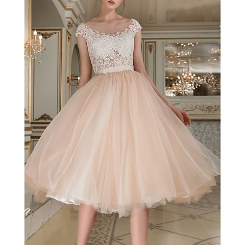 

Ball Gown Wedding Dresses Jewel Neck Knee Length Lace Tulle Sleeveless Vintage 1950s with 2021
