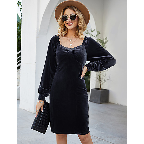 

Women's A Line Dress Knee Length Dress Royal Blue Red Long Sleeve Solid Color Patchwork Spring Summer Square Neck Hot Casual Lantern Sleeve Slim 2021 S M L XL