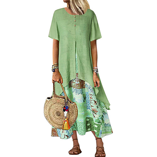 

Women's Midi Dress Blue Green Short Sleeve Print Print Summer Round Neck Hot Casual Loose 2021 M L XL XXL 3XL 4XL 5XL / Plus Size / Plus Size