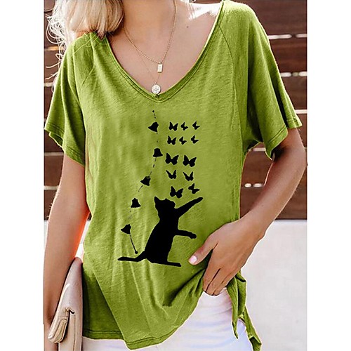 

Women's Plus Size Tunic Cat Butterfly Animal Pleated Print Round Neck Basic Tops Red Yellow Green