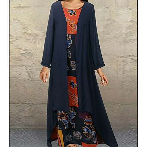 

Women's A Line Dress Maxi long Dress Orange Navy Blue Long Sleeve Print Print Fall Round Neck Hot Vintage Loose 2021 M L XL XXL 3XL 4XL 5XL