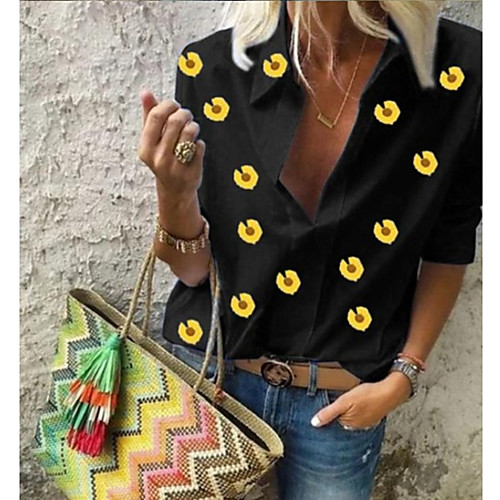 

Women's Blouse Shirt Floral Flower Daisy Long Sleeve Shirt Collar Basic Tops White Black Blue