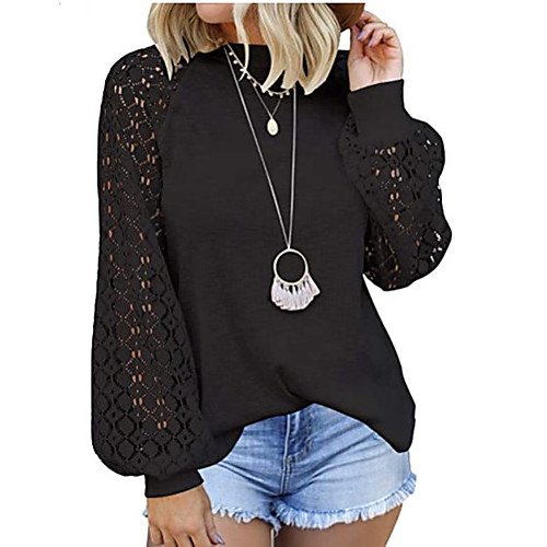 

Women's Blouse Shirt Solid Colored Long Sleeve Lace Patchwork Print Round Neck Basic Tops White Black Wine