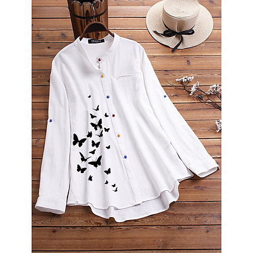 

Women's Blouse Shirt Butterfly Long Sleeve Print Standing Collar Basic Tops White Blue Green