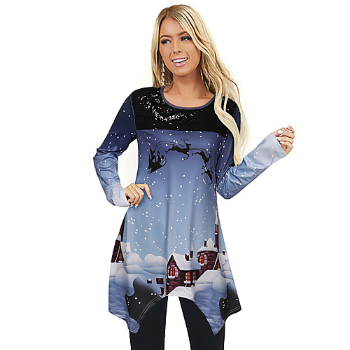

Women's Christmas Blouse Shirt Galaxy Animal Long Sleeve Asymmetric Print Round Neck Basic Christmas Tops Gray