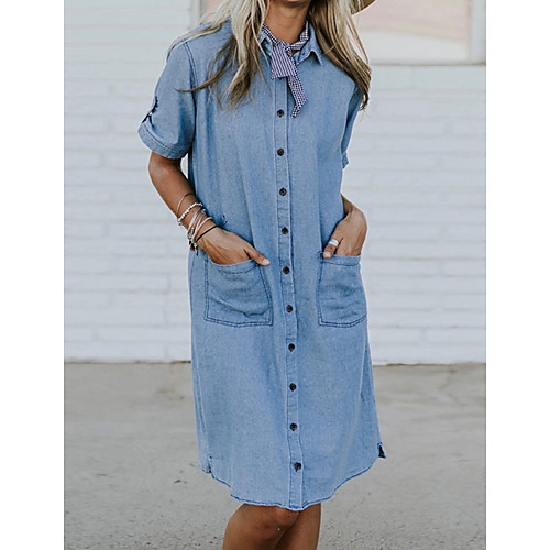 

Women's Denim Shirt Dress Knee Length Dress Blue Light Blue Short Sleeve Solid Color Button Summer Shirt Collar Casual Vintage Loose 2021 S M L XL XXL 3XL 4XL 5XL