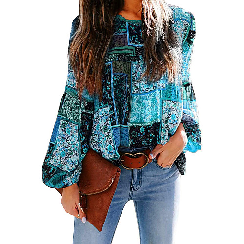 

Women's Blouse Shirt Color Block Graphic Prints Long Sleeve Print Round Neck Basic Boho Tops Blue Wine Fuchsia