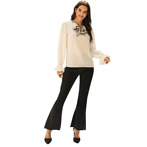 

Women's Blouse Shirt Solid Colored Long Sleeve Lace up Patchwork Round Neck Basic Tops White