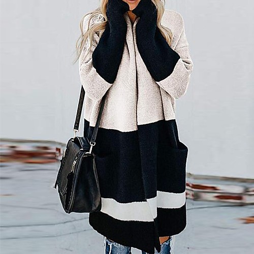 

Women's Basic Knitted Color Block Cardigan Sweater Dress Cotton Long Sleeve Sweater Cardigans Round Neck Shirt Collar Fall Winter White