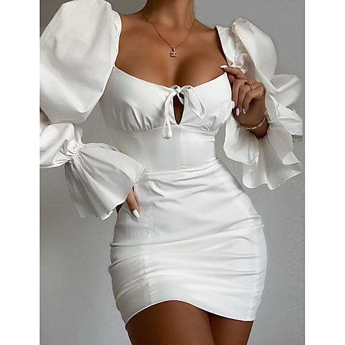 

Women's Sheath Dress Short Mini Dress White Long Sleeve Solid Color Patchwork Summer Square Neck Hot Elegant Sexy Going out Puff Sleeve Slim 2021 S M L XL / Cotton / Cotton