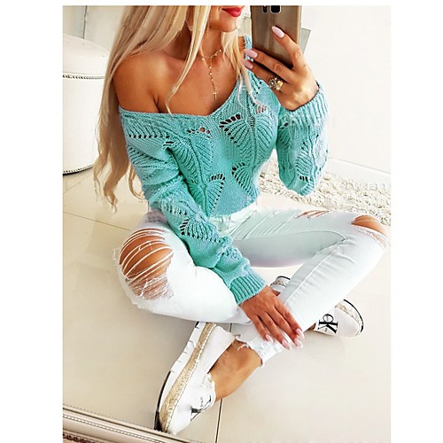 

Women's Stylish Hollow Out Knitted Solid Colored Pullover Long Sleeve Sweater Cardigans V Neck Fall Winter Blue Blushing Pink Green