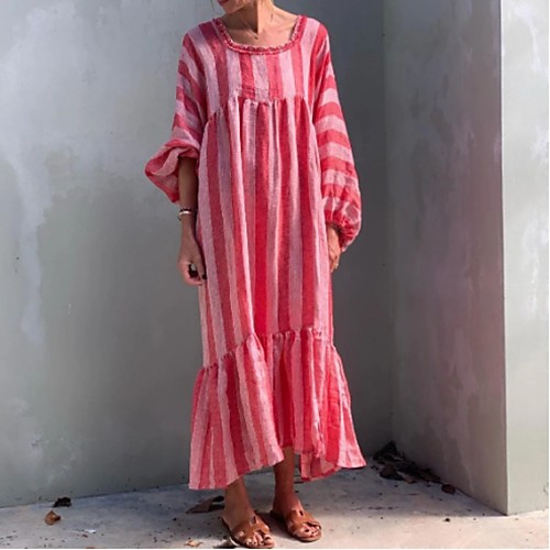 

Women's Swing Dress Maxi long Dress Red Long Sleeve Striped Print Summer Round Neck Hot Casual Boho Holiday Loose 2021 S M L XL XXL 3XL 4XL 5XL