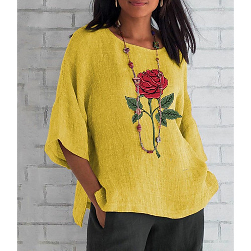 

Women's Blouse Shirt Floral Flower Print Round Neck Basic Beach Tops Blue Purple Red