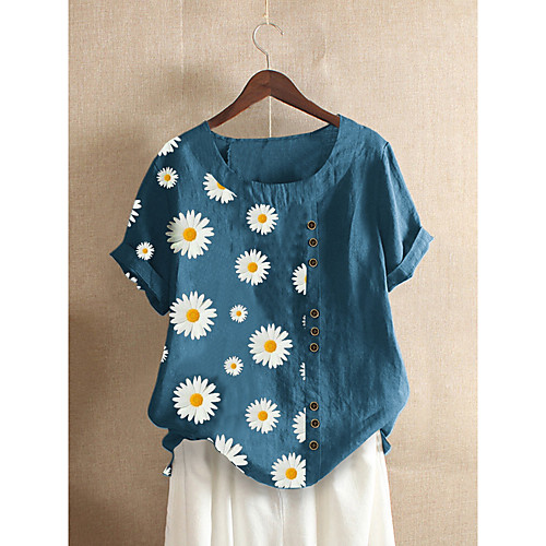 

Women's Blouse Shirt Floral Flower Daisy Button Print Round Neck Basic Tops Blue Purple Green