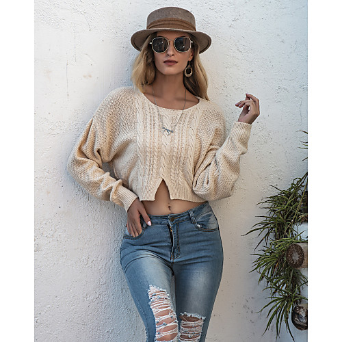 

Women's Stylish Knitted Solid Color Plain Pullover Long Sleeve Sweater Cardigans Crew Neck Round Neck Fall Winter Black Red Khaki