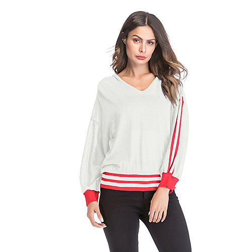 

Women's Blouse Shirt Striped Long Sleeve Cut Out V Neck Basic Tops White Blue Red