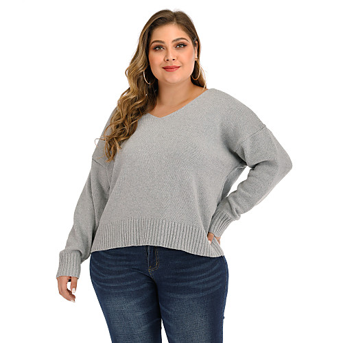 

Women's Stylish Basic Open Back Knitted Solid Color Plain Pullover Long Sleeve Plus Size Oversized Sweater Cardigans V Neck Fall Winter Gray